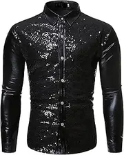 [Generic] Sparkle Sequin Shirts for Mens Long Sleeve Lapel Button Down Summer Casual Regular Fit Disco Party Clubwear Tops