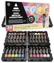 ARTEZA Metallic Acrylic Paint, Set of 36 Colors/Tubes (22 Ml, 0.74 Oz.) with Storage Box, Rich Pigments, Non Fading, Non Toxic Paints for Artist, Hobby Painters & Kids, Ideal for Canvas Painting