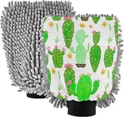 Wash Mitt for Car Washing Microfiber Absorbent Chenille Green Cacti Succulent Pink Flower Mitts Car Cleaning Tools Scrub Pad Scratch Free Soft, Large x 2 Pack