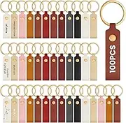 100 Pcs Leather Keychain Blanks Bulk Laser Engraving Blanks Keychain Kit with Key Rings for DIY Key Chains Craft