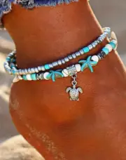 Beaded Ankle Bracelet Anklet Double Beaded Womens Silver Turtle Beach BOHO