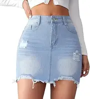 [Generic] Women’s Bodycon Denim Mini Skirt High Waist Casual Washed Frayed Stretchy Jean Skirts with Pocket for Women