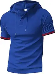 [VgueElegc] Men's Fit Baggy Soft Tops Gym Workout Hooded Sweatshirt V-Neck Short Sleeve Hoodie T-Shirt, Blue, Small