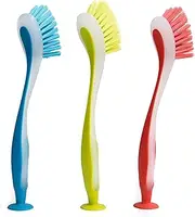 Klickpick Home Dish Scrubber Brushes Assorted Colors Dishwashing Brush with Soft Long Handle Scrubbing Brushes with Suction Cup Multiple Use Cleaning Scrub Brush,Set of 3- Red,Green,Blue