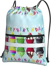 EdWal Colorful Happy Birthday Cupcakes Print Drawstring Backpack Gym Bags Sports Bags With Zipper Pocket For Travel Beach, Black, One Size
