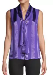 *ALICE + OLIVIA GWENDA Small Purple Tie-Front Silk-Blend Sleeveless Blouse New