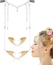 Elf Ears with Headpiece Set-2 Pairs Short and Long Latex Ears and Tassel Headpiece Fairy Chain Kit Fairy Hair Accessories Cosplay Props for Halloween Masquerade, Silver, Medium
