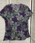 Butter-soft Stretch Womens S Scrub Top Gray Purple Floral Leaf NWT Short Sleeve