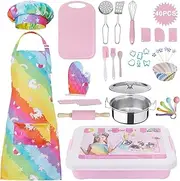 Rainbowfun 42 Pieces Real Cooking Set, Knife and Baking Set, Cookware, Play Pots and Pans, Mini Stainless Steel Pretend Toys, Apron Chef Hat for Girls, Sensory Toys
