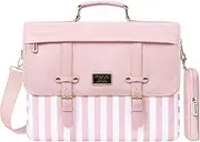 MOSISO Laptop Shoulder Bag Vertical Stripe Polyester&PU Leather Flapover Computer Bag With Small Pouch
