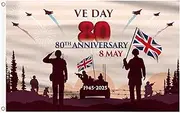 AhfuLife VE Day Flag 3Ft x 5Ft for 80th Anniversary 2025 Decorations, 1PCS 80 Years VE Day Cloth Flag Party Decorations Waterproof Flag for 80 Years Victory In Europe WW2 1945-2025 Decorations