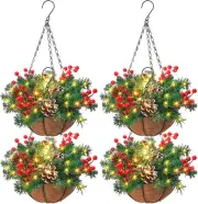 4 Pieces Christmas Pre Lit Artificial Hanging Basket Lighted Pine Christmas Deco