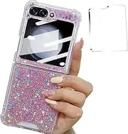 ELEPIK for Samsung Z Flip 6 Case Glitter with Clear Bumper Four Corner Shockproof Protective Case, [Anti-Yellowing] [Back Window Screen Protector] Slim Galaxy Z Flip 6 5G Phone Cover, Pink