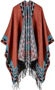 [MEIJUN] RAYWE Boho Women Knitted Shawl Poncho Faux Cashmere Geometric Pattern Tassel Oversized Warm Long Cape