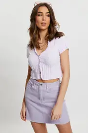 Purple Ribbed Open Front Top - Size M, Women's Tshirt Semi Crop