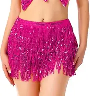 [Domkier] Women's Sequin Fringe Skirt Sparkle Tassel Skirts Belly Dance Hip Scarf for Women and Girls Festival Party Rave Costume