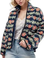 [Generic] Fashion Women's Cropped Puffer Quilted Jacket Lightweight Vintage Floral Print Open Front Short Puffy Cardigan Jacket Trendy Chic