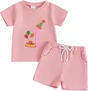 [MAHUAOYIXI] Toddler Baby Boys Girls Birthday Outfits Letter Balloon Embroidery Round Neck Short Sleeve T-Shirts and Elastic Waist Shorts Sets Boys Girls Clothes Birthday Gift