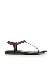 Black Leather Web Accent T-Strap Sandals