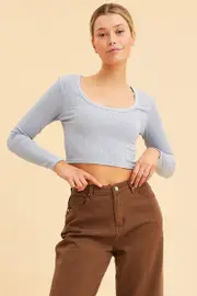 Blue Crop Top Scoop Neck Long Sleeve Rib - Size L, Women's Long Sleeve
