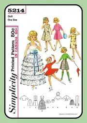 12" Doll CLOTHING Simplicity 5214 Vintage 1960's Craft Sewing Pattern
