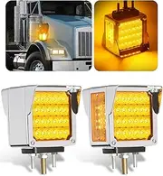 2PCS Amber Square Double Face 60 LED Turn Signal Lights w/Chrome Visor Stud Mount Waterproof Pedestal Fender Lights for Heavy Truck Trailer Freightliner Peterbilt Kenworth Mack Western Star