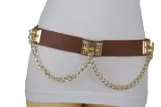 Women Brown Faux Leather Elastic Waistband Belt Gold Metal Chain Wave Size S M
