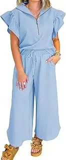 [KevaMolly] Womens Lounge Sets Textured Ruffled Sleeve Zipped Top and Wide Leg Pants Set Daily Two Piece Sets