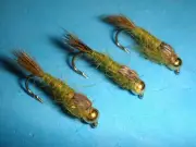 FLY FISHING FLIES - Olive BH HARE'S EAR NYMPH size #10 (12 pcs.)