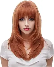 [Rugelyss] Long Auburn Wig with Bangs Layered Curly Copper Red Wigs for Women Natural Ginger Synthetic Wigs for Daily Use