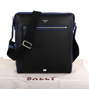 BALLY - 金屬銀字藍飾邊防刮皮革斜背包(黑)