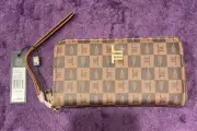 London Fog Wristlet Wallet Amelia Zip Around Brown With Silver Accents