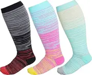 3Pcs Plus Size Compression Socks Wide Calf for Women and Men Extra Large Knee High Support Socks for Running Travel, Mixed, XX-Large-3X-Large Plus, Mixed, XX-Large-3X-Large Plus