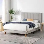 Zinus Queen Bed Frame DEBI Fabric Platform Light Grey Base Mattress, Tall Headboard, Wooden Slat Support Steel, Bedroom Furniture