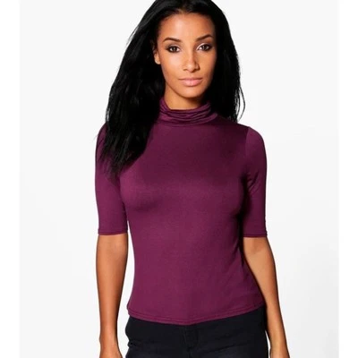 Boohoo NEW Lara Turtle neck Short Sleeved Top in wine sz 8