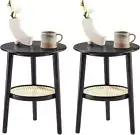 round Side Table Set of 2 with Storage, Black Rattan Nightstand Bedside Table, S