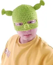 Full Head Green Hat, Shrek Hats with Cute Ears, Knitted Hat with Mask, Funny Halloween Cosplay Prop