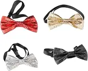 HUATEEN 4 Pcs Glitter Bow Ties for Men & Women | Sparkling Sequin Bow Tie Set with Adjustable Strap (Red, Black, Silver, Gold) | PU Shiny Bow Ties for Weddings, Parties, Performances