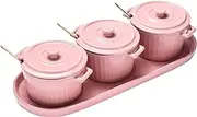 Whole Housewares Mini Cocotte Set with Golden Spoons and Pink Serving Tray - 3 Small Pink Casserole Dishes, 10oz Each with Lids and Handles - Versatile for Baking, Serving, Microwave & Dishwasher Safe