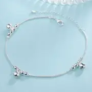 Womens Silver SP Flower Bell Charm Beaded Chain Foot Anklet A17