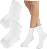 [ANDRESLAD] Stylish White Frilly Socks Women Ruffle Socks Crew Soft Polyester Cotton Comfortable
