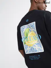 River Island Black Positano Lemon 100% Cotton T-Shirt (H24455) | $60