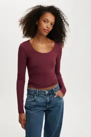 [Cotton On Women] Cotton On Women - Sunday Scoop Neck Long Sleeve - Sour cherry XS SOUR CHERRY
