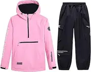 [NVBHOF] Mens Ski Suits Two Piece, Men Women's Warm Thickening Hooded Ski Jackets and Pants Ski Suits, Waterproof Windproof Couple Snowsuit, for Winter Outdoor Skiing Activities (Color : A Pink, Size : X-Lar