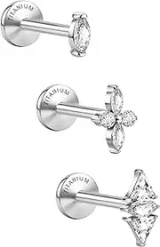 [GEMQUEEN] G23 Implant Grade Titanium Flat Back Earrings 5A CZ Studs: 14K Gold Hypoallergenic 3 Pcs 18G Internally Threaded Tragus Cartilage Conch Helix Piercing Jewelry for Sensitive Ears Women Men