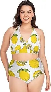 [Caihoyu] Extended Size Bikini for Women Tummy Control Bathing Suits High Waisted Bikini Swimwear Lemon L