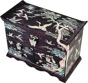 Mother of Pearl Crane and Pine Tree in Purple Mulberry Paper Design Wooden Jewelry Mirror Trinket Keepsake Treasure Gift Asian Lacquer Box Case Chest Organizer
