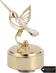 24K Gold Plated Music Box with Crystal Studded Bee Hummingbird Figurine
