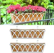 LaLaGreen Railing Planter Boxes (2 Pack, 24 Inch) White Metal Rectangular Window Flower Box with Coco Liner, Hanging Planters for Outdoor Plants Holder Deck Rail Fence Balcony Patio Porch Garden Decor