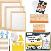 Caydo 23 Pieces Screen Printing Starter kit Include 3 Different Size of Wood Silk Screen Printing Frame with Mesh, Screen Printing Squeegees, Inkjet Transparency Film, Ink Knife, and Mask Tape